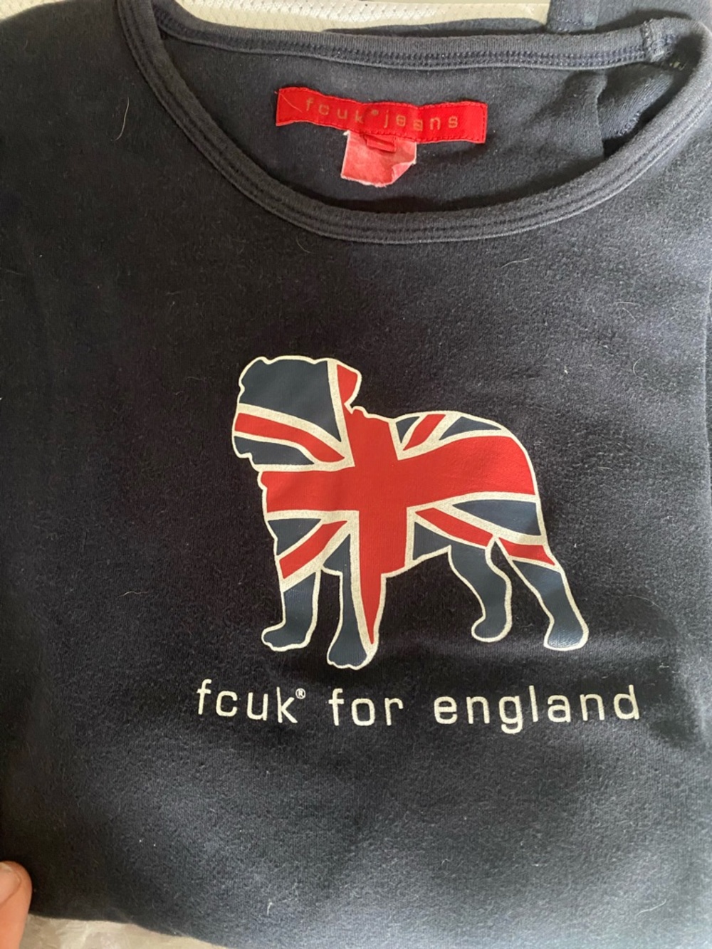 French Connection Black Tee with Red & White Union Jack Bulldog Graphic